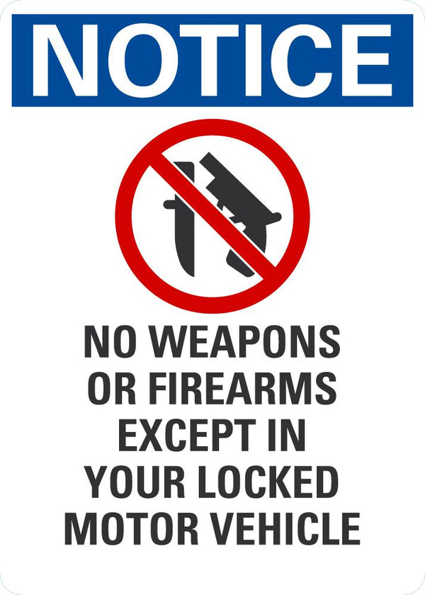 NOTICE No Weapons Or Firearms Except in Your Locked Motor Vehicle Sign